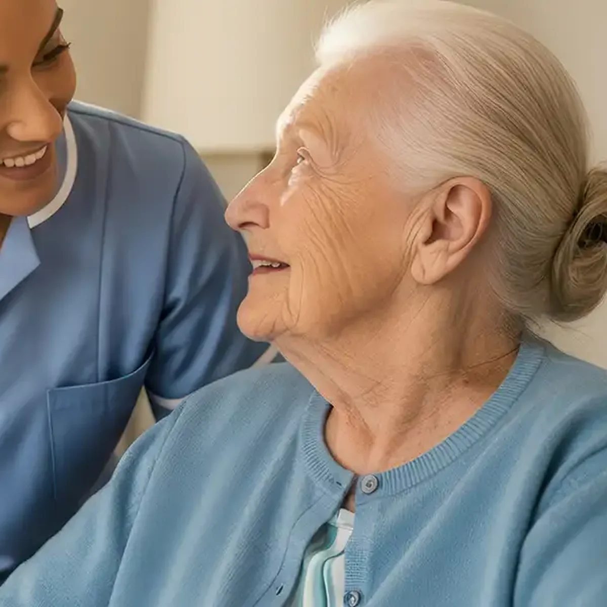 Older adults enjoying conversation in a comfortable assisted living setting